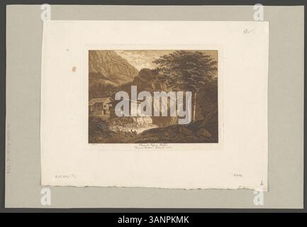 L'acquatinta di Ludwig Hess del 1799 raffigurante l'area vicino a Visp nel cantone Wallis, che mostra il luogo di nascita di Thomas Platter. Questa stampa paesaggistica storica è un esempio significativo dell'arte regionale svizzera. Foto Stock