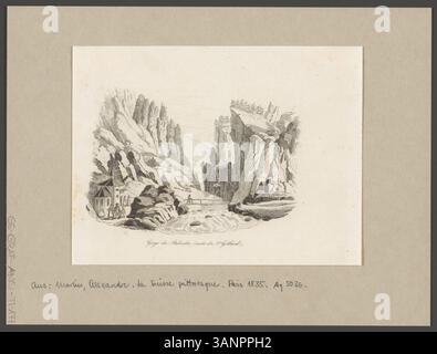 Incisione del 1835 che mostra la Gola di Stalvedro sulla strada del San Gottardo, Svizzera. Pubblicato su "la Suisse pittoresque" di Alexandre Martin. Foto Stock