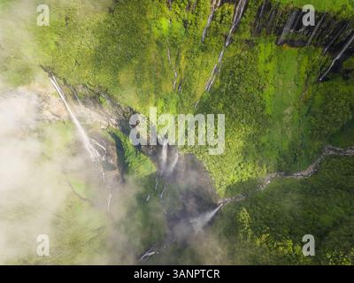 Vista aerea sopra la cascata circondata dalla giungla, Faroe Island. Foto Stock