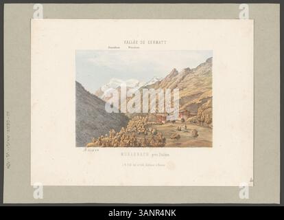 Questa litografia di Johann Rudolf Dill, creata intorno al 1856, mostra la Vallée de Zermatt con i picchi del Brunekhorn e del Weisshorn. La stampa presenta Muelebach, un villaggio vicino a Stalden, ed è stata pubblicata a Berna. Foto Stock