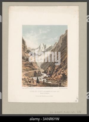Questa litografia, sempre di Gabriel Loppé e Alfred Guesdon, raffigura la Gola di Gondo sotto il Ponte alto sul percorso del Sempione. L'opera d'arte, stampata da Imprimerie Lemercier tra il 1855 e il 1860, fa parte della serie "Souvenirs de la Suisse", che offre una vista pittoresca dell'aspro paesaggio della regione. Foto Stock