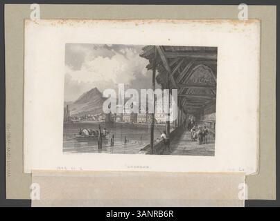 L'impronta raffigura Lucerna, che mostra una vista della città con il famoso Kapellbrücke (Ponte della Cappella). L'opera fu creata da Émile e Adolphe Rouargue, con complesse tecniche di incisione in acciaio. Il pezzo è associato al "Voyage en Suisse" di Xavier Marmier. Foto Stock