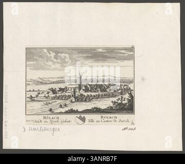 Questa incisione raffigura la città di Bülach nella regione di Zurigo. Si tratta di una rappresentazione dettagliata della serie topografica di David Herrliberger, che mostra il layout e l'architettura della città. L'immagine include il titolo sia in tedesco che in francese, riflettendo la natura bilingue della topografia svizzera. Foto Stock