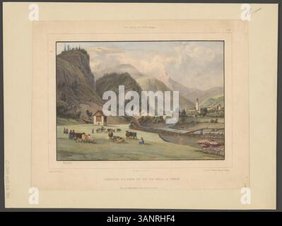 Incisione di Nicolas-Marie-Joseph Chapuy e Adolphe Jean-Baptiste Bayot del 1840 circa, raffigurante l'incrocio del fiume Reno con il fiume Noll in Svizzera. Foto Stock