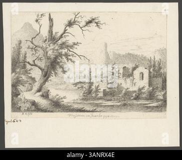 Un'incisione del 1757 raffigurante il villaggio di Weissenau sul lago Thun al mattino, parte di una serie che mostra vedute svizzere. Foto Stock