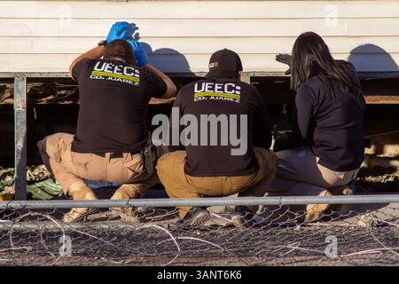 Le autorità indagano sulla scoperta di resti umani sotto un edificio abbandonato vicino al ponte internazionale a Ciudad Juárez, Messico. I team di forensi hanno lavorato per diverse ore per recuperare almeno due corpi parzialmente decomposti dal sito. Foto Stock