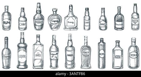 Icone delle bottiglie di bevande alcoliche, impostate isolate su sfondo bianco. Illustrazione dello schizzo disegnato a mano vettoriale. Elementi di design del menu a barre Illustrazione Vettoriale