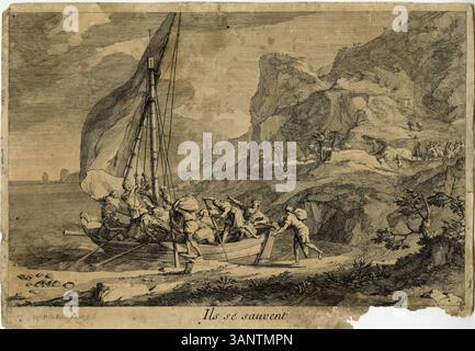 Stampa intitolata 'ILS se sauvent' di Stefano della bella, creata nel XVII secolo. L'opera raffigura individui che fuggono da una situazione minacciosa, catturando un momento drammatico in un contesto storico. Foto Stock