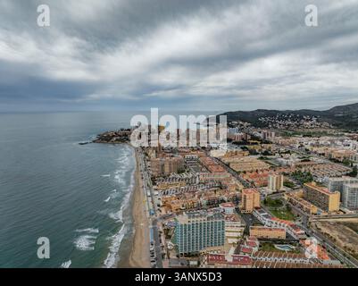 Vista aerea della città costiera Oropesa del Mar, Castellon, Spagna. Foto Stock