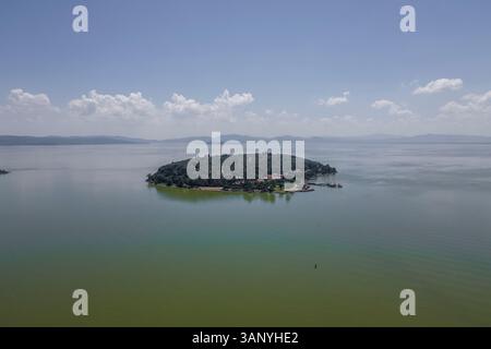 Veduta aerea di una piccola isola al centro del Lago Trasimeno, Perugia, Umbria, Italia. Foto Stock