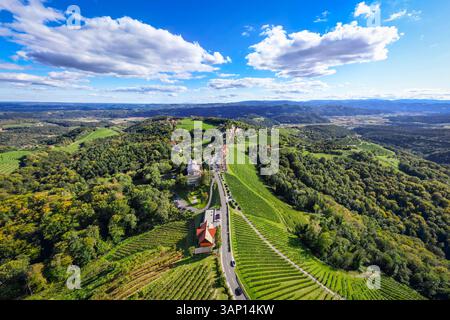 Vista aerea di idilliaci vigneti e terreni agricoli in un pittoresco villaggio, Kitzeck, Stiria, Austria. Foto Stock