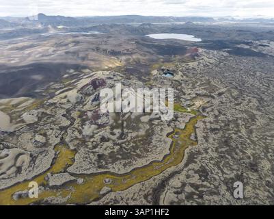 Vista aerea del cratere Tjarnargigur a Kirkjubaejarklaustur, regione meridionale, Islanda. Foto Stock