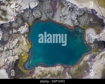 Vista aerea del cratere Tjarnargigur a Kirkjubaejarklaustur, regione meridionale, Islanda. Foto Stock