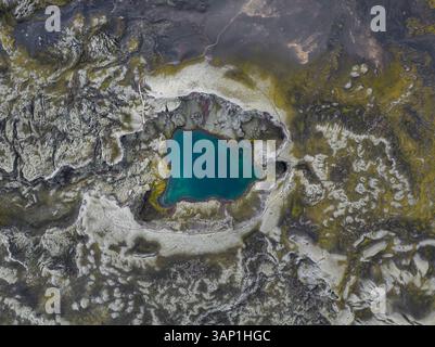 Vista aerea del cratere Tjarnargigur a Kirkjubaejarklaustur, regione meridionale, Islanda. Foto Stock