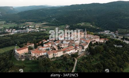 Vista aerea del pittoresco villaggio con architettura storica e tetti rossi circondato da tranquille colline e vegetazione, Buzet, Croazia. Foto Stock