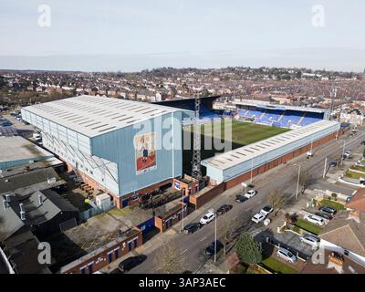 Campo da calcio di Prenton Park, Kop Stand, squadra di calcio dei Tranmere Rovers, Wirral, Inghilterra Foto Stock