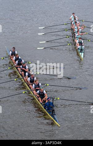 Il team di gara maschile University Boat Race Cambridge festeggia il traguardo vicino a Chiswick Bridge, con l'equipaggio di Oxford respinto Foto Stock