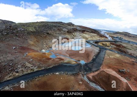 Vista aerea delle piscine geotermali e del vapore nell'area geotermica di Seltun, Grindavik, Islanda. Foto Stock