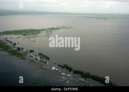 Vista aerea del sereno ed esteso fiume Amur circondato da lussureggianti vegetazione e zone umide, Khabarovsk Krai, Russia. Foto Stock