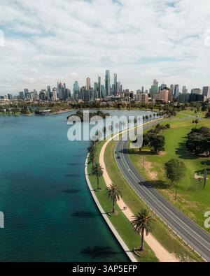Vista aerea di Albert Park, Road, Melbourne, Victoria, Australia. Foto Stock