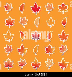 Adesivi foglie autunnali Set illustrazione vettoriale piatta isolato. Illustrazione Vettoriale