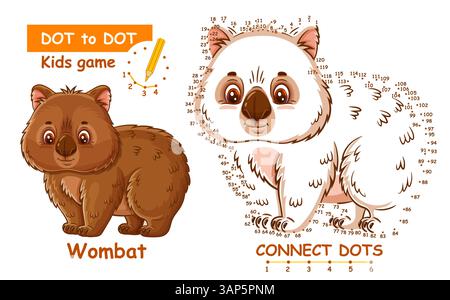 Carino wombat Bear Connect dot number Children Education puzzle game. Animale selvatico australiano. Unire la linea tratteggiata. Pagina libro da colorare. Ragazzo compito logico Illustrazione Vettoriale