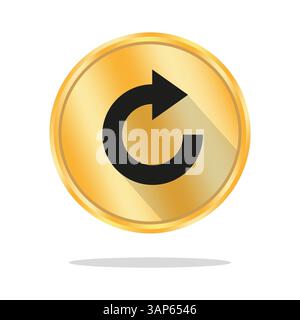 Icona freccia di aggiornamento. Pulsante vettoriale oro. Simbolo Ripeti supporto. Cerchio nero lucido. Illustrazione Vettoriale