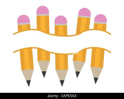 Bordo ondulato della matita. Disposizione degli strumenti curvi. Elemento scuola vettoriale. Superiore e inferiore. Illustrazione Vettoriale