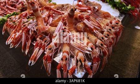 Scampi freschi su ghiaccio in un mercato di Cadice, Spagna, pronti per essere venduti Foto Stock
