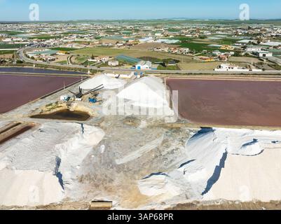 Vista aerea degli stagni salini presso le saline di Bonanza vicino a Sanlúcar de Barrameda. Provincia di Cádiz, Andalusia, Spagna. Foto Stock