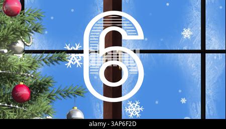 Conto alla rovescia sull'albero di natale e sulla cornice della finestra contro i fiocchi di neve che fluttuano su sfondo blu Foto Stock