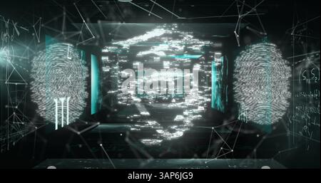 Immagine dell'impronta biometrica e del lucchetto di sicurezza online sulla rete di connessioni Foto Stock
