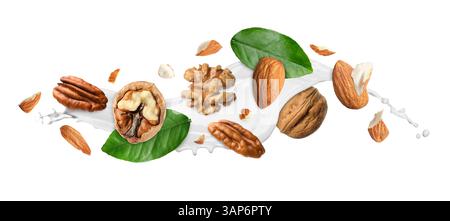 Spruzzare il latte con diverse noci in aria su sfondo bianco Foto Stock
