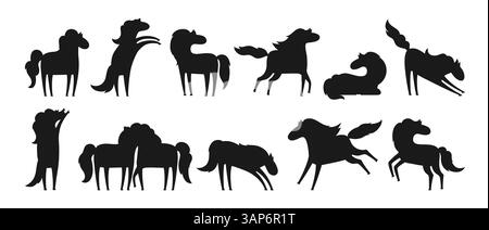 Cavalli in pose diverse set di sagome dei cartoni animati. Crea una collezione stilizzata di simpatico pony infantile o mustang. Stallone selvatico di razza comica. Illustrazione vettoriale isolata personaggio fattoria animali arte Illustrazione Vettoriale