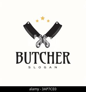Coltello da carne vintage con logo tre stelle dorate per coltello, Meat Shop Illustrazione Vettoriale