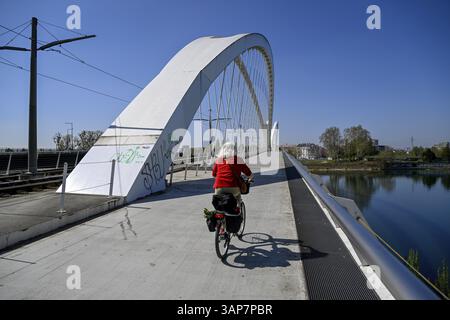 Ciclista sul ponte Beatus-Rhenanus, ponte del tram sul Reno, Kehl, Ortenaukreis, Baden-Wuerttemberg, Germania, Europa Foto Stock