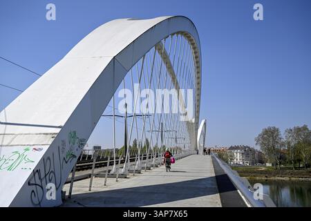 Ciclista sul ponte Beatus-Rhenanus, ponte del tram sul Reno, Kehl, Ortenaukreis, Baden-Wuerttemberg, Germania, Europa Foto Stock