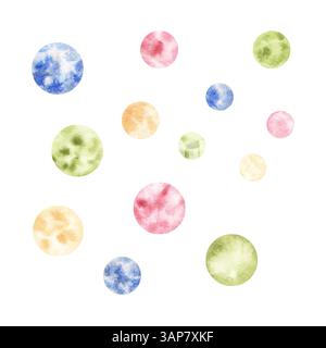 Set di palline verdi, blu, gialle, rosa, bolle, macchie di varie dimensioni. Illustrazione acquerello. Per avvolgere il tessuto Foto Stock
