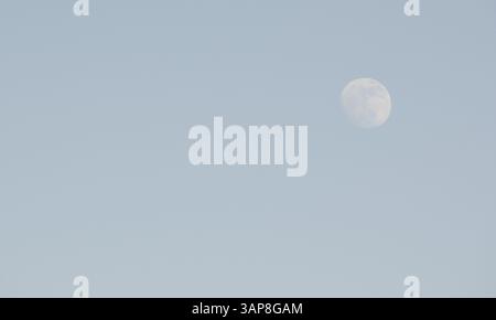 Luna quasi piena su un cielo blu nel pomeriggio, Copenaghen, Danimarca, Europa Foto Stock