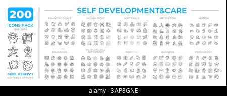 Raccolta delle icone della linea di auto-sviluppo e cura Illustrazione Vettoriale
