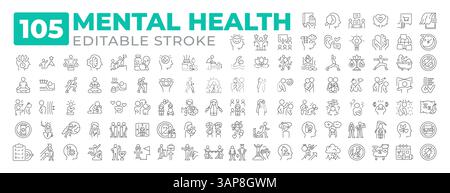 Raccolta di icone della linea di salute mentale Illustrazione Vettoriale