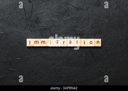 parola immigrazione scritta su blocco di legno. testo immigrazione su tavola, concetto. Foto Stock