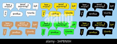 Serie di bolle di conversazione con parole disegnate a mano Illustrazione Vettoriale