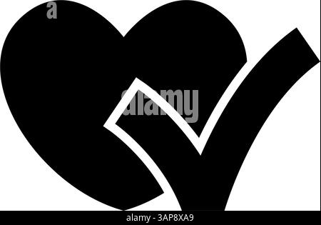 Semplice icona vettoriale in bianco e nero di un cuore con un segno di spunta, che rappresenta l'approvazione sanitaria Illustrazione Vettoriale