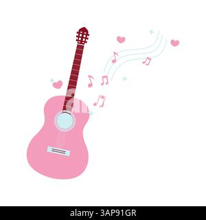 San Valentino Serenata di chitarra acustica rosa con cuori fluttuanti e note musicali scintillanti Illustrazione Vettoriale