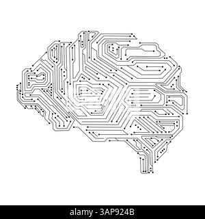 scheda elettronica del circuito cerebrale simbolo del flusso complesso del segnale digitale segnale neurale cyber cervello segnale nero e bianco isolato testa formata circuiteria Illustrazione Vettoriale