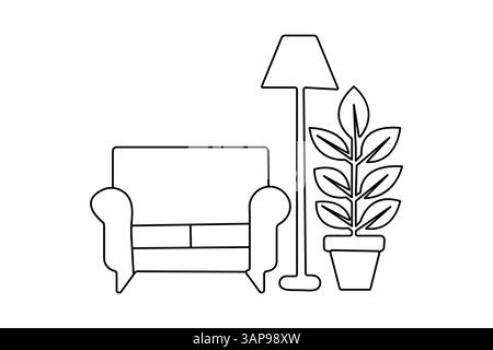 Divano con lampada e grafica a una linea con un'icona vettoriale isolata e minimalista Illustrazione Vettoriale