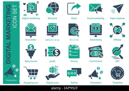 Set di icone del marketing digitale. stile icona a tinta unita. contenente carrello degli acquisti icon, pubblicità, profitti e altro ancora. illustrazione vettoriale dell'elemento aziendale Illustrazione Vettoriale