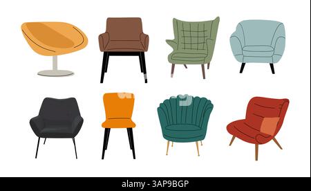 Set di diverse poltrone moderne della metà del secolo Illustrazione Vettoriale