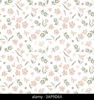 Splendido motivo vettoriale senza cuciture con piccoli fiori rosa su sfondo bianco. Disegnato a mano in stile doodle. Tessuto, sfondo, imballaggio. Illustrazione Vettoriale